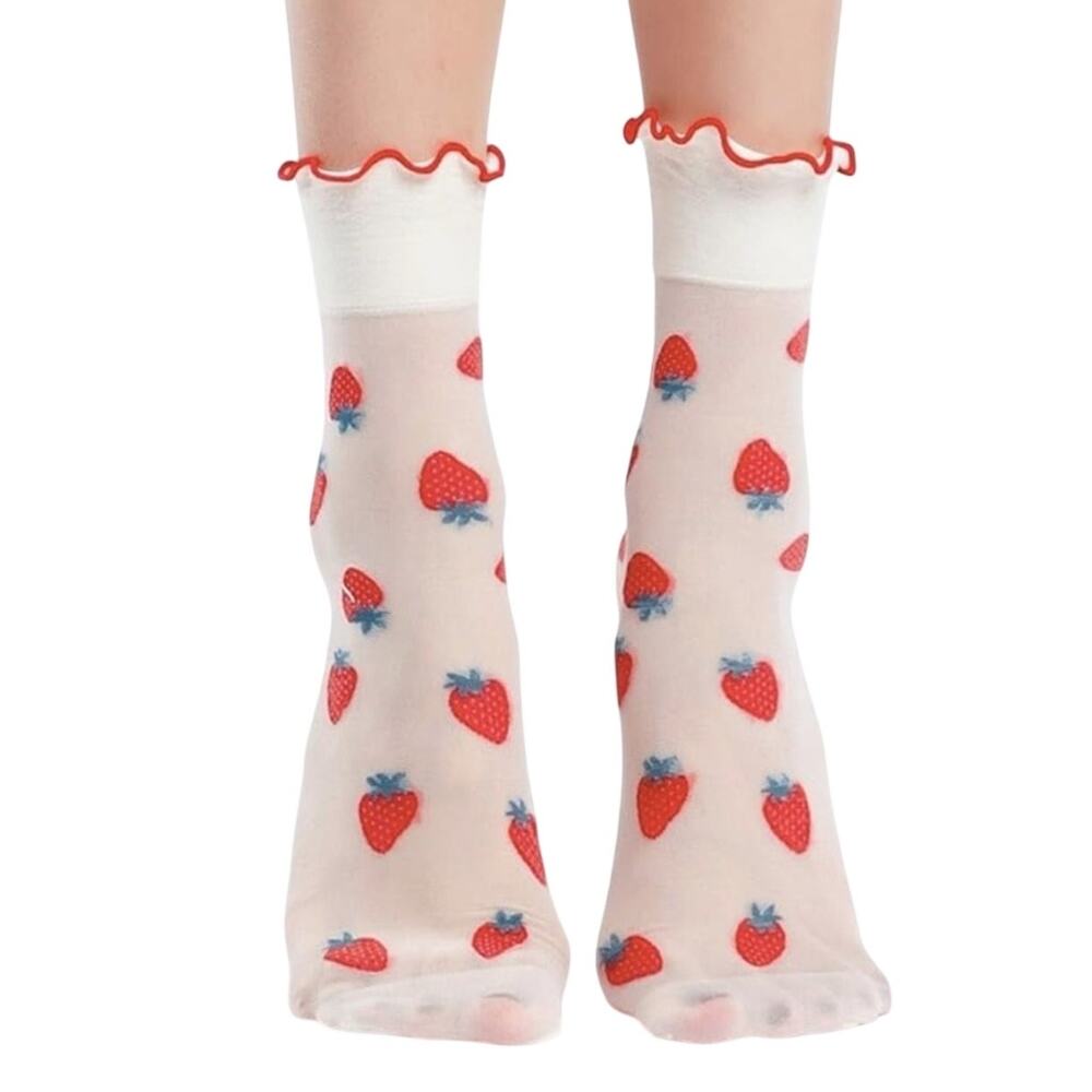 Strawberry Ruffles Trim Sheer Ankle Socks Lolita Kawaii Cottagecore Kidcore Cute